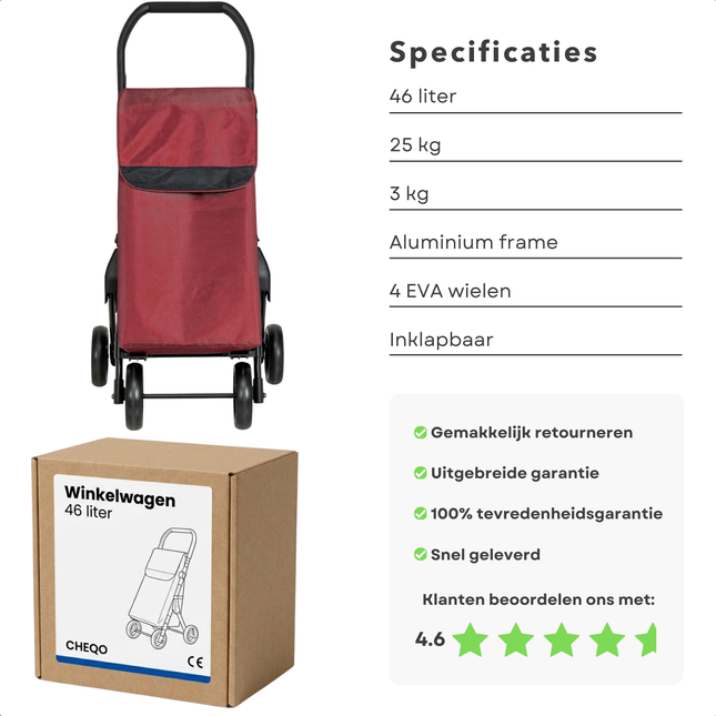 Cheqo® Boodschappentrolley - Boodschappentrolley 4 Wielen - Boodschappentrolley Opvouwbaar - Boodschappenkar - Boodschappenkar 4 Wielen - Boodschappenwagen - Winkelwagen Trolley - Shopping Trolley - Boodschappentrolley Rood