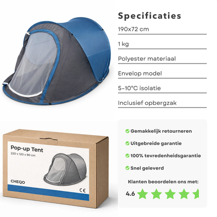 Cheqo® Pop Up Tent - Pop Up Tent 1 Persoons - Festival Tent - Kampeertent - Camping Tent - Lichtgewicht Tent - Blauwe Pop Up Tent