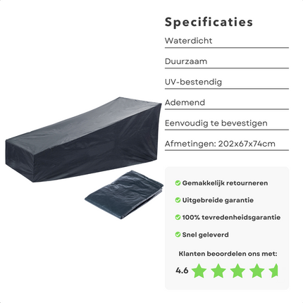 Cheqo® Weerbestendige Tuinmeubelhoes voor Ligstoel - Beschermhoes voor Buitenligstoel - 202x67x74 cm -Afdekhoes - Beschermhoes Tuinset - Tuinsetbescherming - Waterdicht - UV Bestendig - Extra Sterk - Elastische Zoom tuinmeubelhoezen