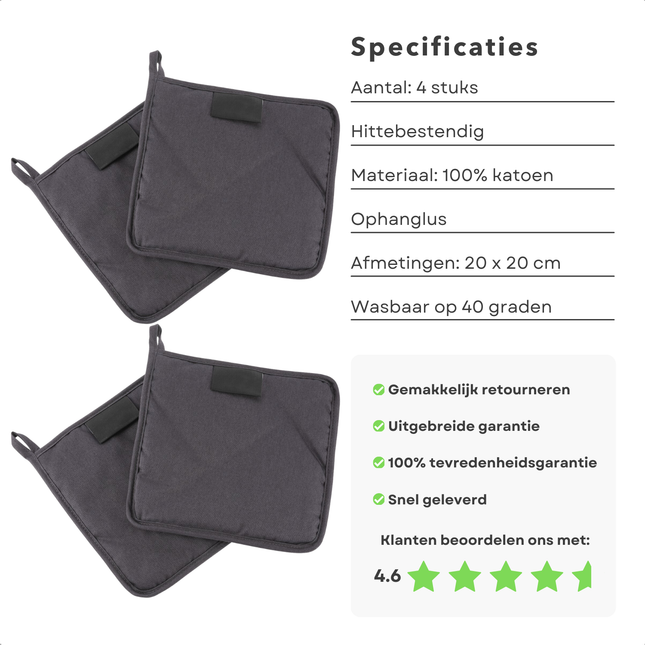 Cheqo® hittebestendige pannenlappen 20x20 cm van 100% katoen, set van 4 met ophanglus en wasbaar op 40 graden.