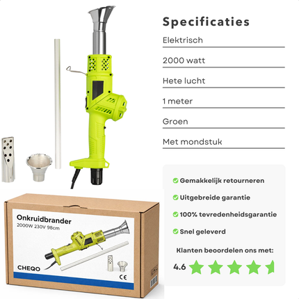 Cheqo® Elektrische Onkruidbrander - Onkruidbrander Elektrisch - Onkruidverdelger Elektrisch - Onkruidverwijderaar Elektrisch - Onkruidbrander 2000w - Onkruidbrander met Bbq Mondstuk - Bbq Aansteker Elektrisch - Onkruidbrander voor Voegen