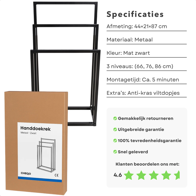 Cheqo® Vrijstaand Handdoekrek - Handdoekenrek Badkamer - Metaal Handdoekrek - Mat Zwart - 3 Niveaus - Anti-Kras Viltdopjes - Industrieel Design - Handdoekrek Zonder Boren