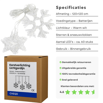 Cheqo® Kerstverlichting Lichtgordijn - Sterren En Sneeuwvlokken - 120x120 cm - Op Batterijen - Warm Wit Licht - 120 Micro LED - Automatische Timer - 8 Lichtfuncties - IP44 - Buiten En Binnen Gebruik - Kerstdecoratie - Lichtnet