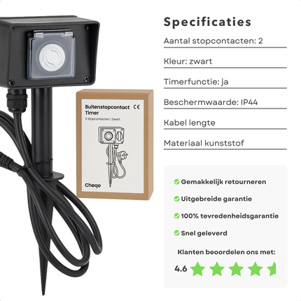 Cheqo® Tuinstekkerdoos Met Timer - 2 Stopcontacten - Zwart - Buitenstopcontact - Timerfunctie - Outdoor Gebruik - Elektrische Aansluiting - Tuinaccessoires - Ideaal voor Kerst