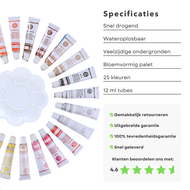 Cheqo® Acrylverf Set - Acryl Verf Set - Hobbyverf - Schilderen - Verf - 25 Tubes - Sneldrogend - Inclusief Palet