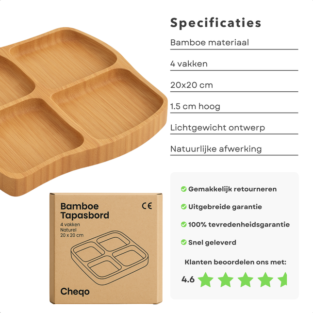 Cheqo® Bamboe Tapas Plank - Borrelplank - Serveerplateau - Tapasplank - Kaasplank - Vier Vakken - Ideaal voor Feestjes - Duurzaam Bamboe