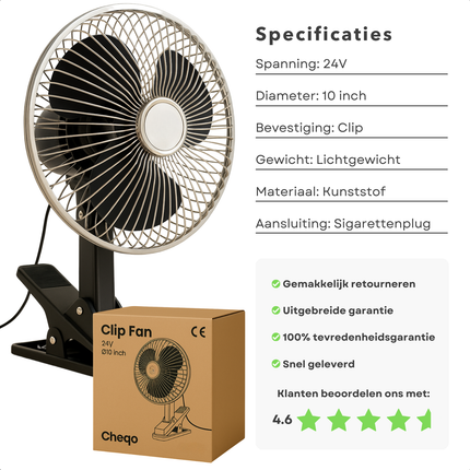 Cheqo® Clip Mini Ventilator - Portable Ventilator - Fan - 24V - Zwart - Voor Auto en Vrachtwagen
