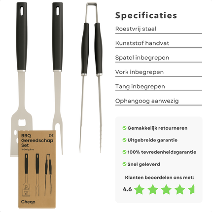 Cheqo® BBQ Gereedschap Set 3-Delig RVS – Barbecue Accessoires Vork Spatel Tang – Roestvrijstalen BBQ Tools – Grill Gereedschap – Barbecue Set – BBQ Essentials – Gereedschap voor Barbecue – RVS BBQ Kit – Barbecue Tools