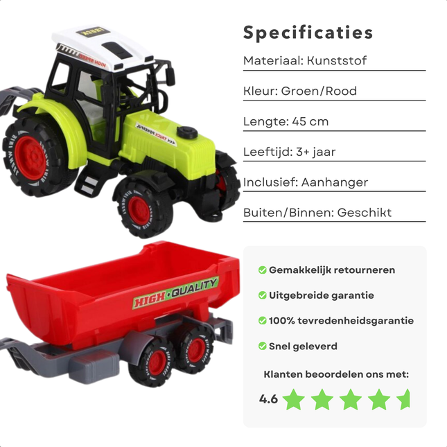 Cheqo® Kinder Tractor met Aanhangwagen - Speelgoed Trekker - Boerderij Speelgoed - Kunststof Trekker met Aanhanger