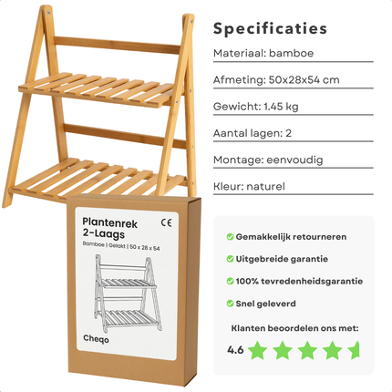 Cheqo® Bamboe Plantenrek - Plantenstandaard Bamboe - 2-Laags Plantenrek - Bamboe Materiaal - Plantenrek Binnen - Compacte Afmetingen - Lichtgewicht Ontwerp - Natuurlijke Uitstraling - Decoratief Plantenrek - Gelakt Bamboe
