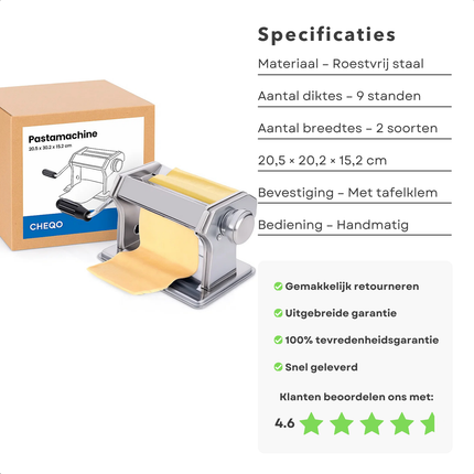 Cheqo® Pasta Machine - Pastamaker - Verse Pasta Maken - Roestvrijstaal - Handmatige Bediening - Tafelklem - Spaghetti Maken - Fettuccine Snijden - Lasagne Vellen - Ravioli Maken - 9 Standen - Pastadikte Instellen - Pastamachine