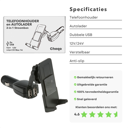 Cheqo® Telefoonhouder Auto - Telefoon Houder - Auto Oplader - Draaibare USB Oplader - Universeel - Veilig Navigeren - Kunststof