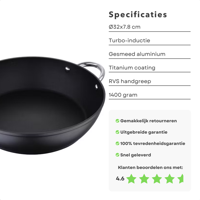 Cheqo Professionele Paella Pan Ø32 cm met titanium coating en RVS handgreep, specificaties en klantenbeoordeling zichtbaar.