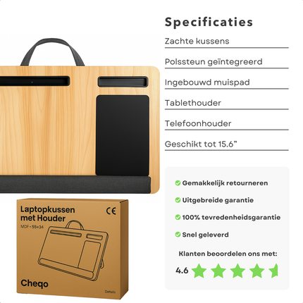 Cheqo® Laptopkussen - Schootkussen - Schoot Dienblad - Kniekussen - Laptoptafel - Laptray - Houten Schoottafel met Polssteun - Bedtafel - Schootdienblad - Inclusief Muispad