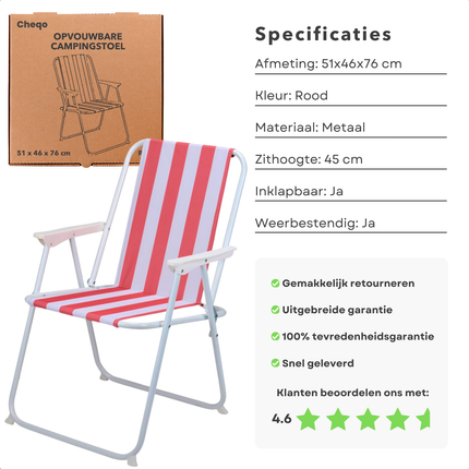 Cheqo® Klapstoel Strand - Compact en Lichtgewicht - Opvouwbare Strandstoel - Duurzaam Materiaal - Stijlvol Rood - Comfortabel en Weerbestendig - Ideaal voor Strand, Camping, Tuin