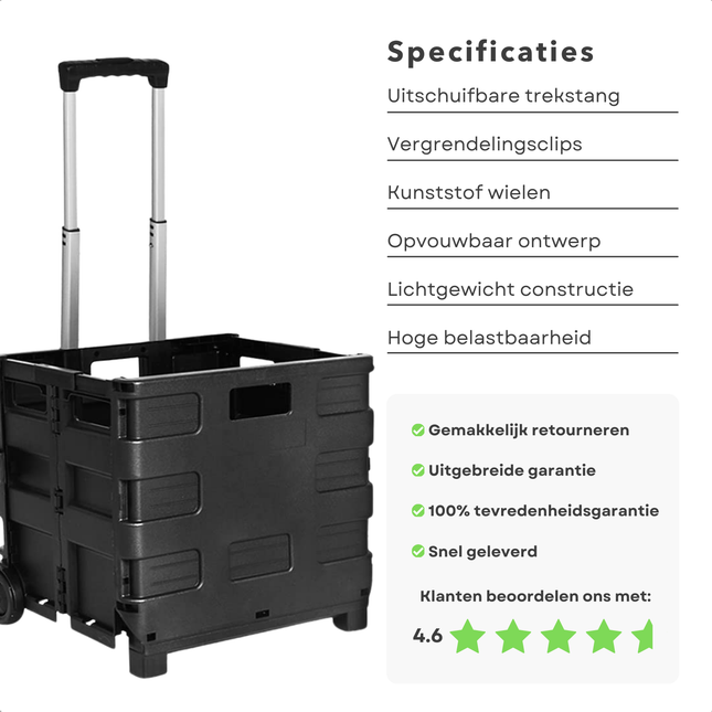Cheqo® Opvouwbare XL Krat met Trolley - Vouwkrat - Boodschappenkrat met Wielen - Vouwkrat op Wielen - 30 Liter - Inklapbare Boodschappenwagen