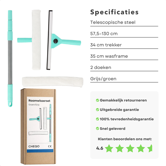 Cheqo® Raamwisser Set - Ramenwas Set - Glazenwasser Set - Raamreinigingsset - Raamwisser met Telescoopsteel - Telescoop Raamwisser - Raamtrekker Set - Raamtrekker met Telescoopsteel - Inwasser Set