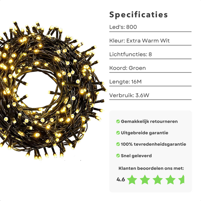 Cheqo® Kerstverlichting - Kerstboomverlichting - Kerstlampjes - 800 LED - 16M - Voor Binnen en Buiten - Timer - Extra Warm Wit - 8 Lichtfuncties - Lang Snoer - Clusterverlichting - Sfeerverlichting - Feestverlichting Kerstboomverlichting