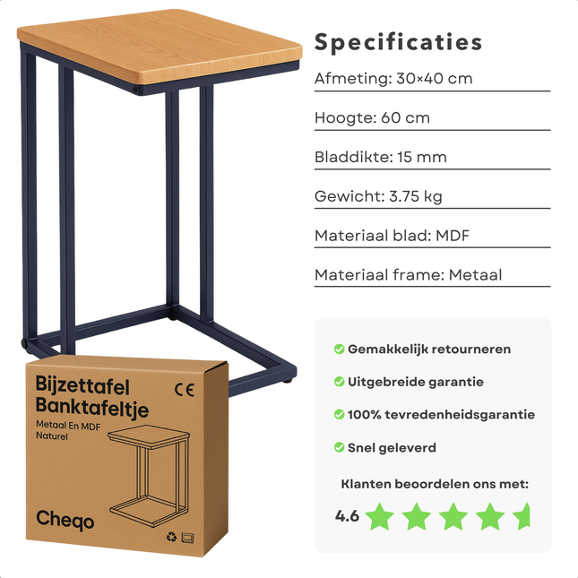 Cheqo® Bijzettafel - Bedtafel - Laptoptafel - Banktafel - Bijzettafeltje - Salontafel - Bijzet Tafel - Metaal - Marmeren MDF Tafelblad - Kleine Moderne Tafel - Hout