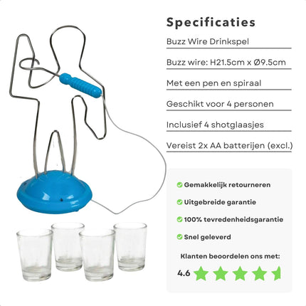 Cheqo® Buzz Wire Spiraal Game - Drinkspel met Shotglaasjes - Hoogte 21.5cm - Ø Voet 9.5cm - Op Batterijen - Reisspel - Studentenspel - Gezinsspel Actiespellen