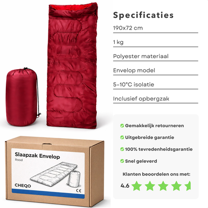 Cheqo® Envelop Slaapzak - Deken Slaapzak - Slaapzak Volwassenen - Zomerslaapzak - Lente Slaapzak - Camping Slaapzak - Kampeer Slaapzak - Festival Slaapzak - Slaapzak Wandelen - Slaapzak Hiken - Rode Slaapzak