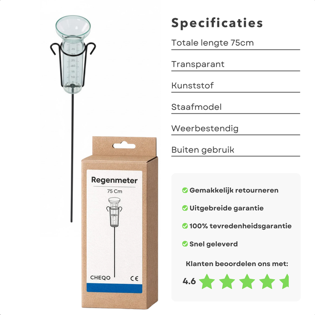 Cheqo® Regenmeter - Neerslagmeter - Pluviometer - Regenmeter Tuin - Regenmeter op Stok - Regenmeter met Stok - Regenmeter met Grondpen - Regenmeter met Houder - Regenmeter met Standaard - Regenmeter op Voet