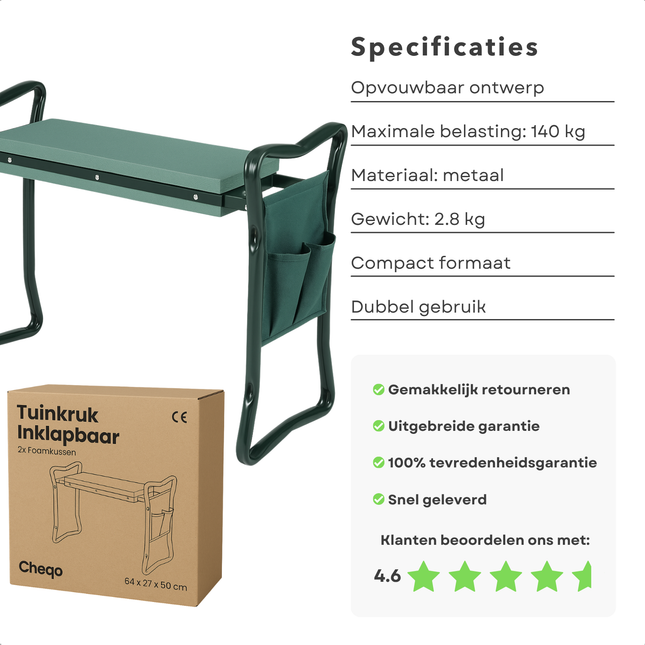 Cheqo® Kniebank - Tuinkruk Inklapbaar - Tuinieren - Onkruid Kniesteun - Knielkussen - Kniebankje - Kniekussen en Zitbank - Metaal