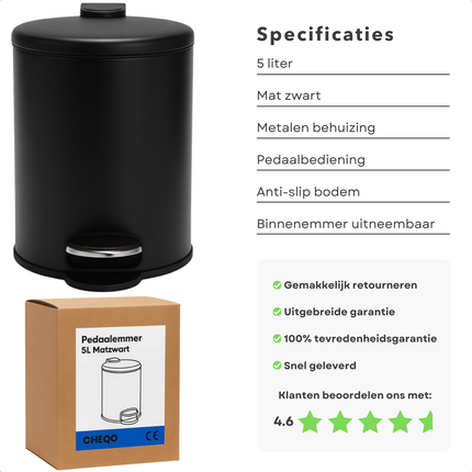 Cheqo® Pedaalemmer 5 Liter - Mat Zwarte Prullenbak - Badkamer Prullenbak - Toilet Afvalbak - Kleine Pedaalemmer - Metalen Pedaalemmer - Anti-Slip Bodem - Uitneembare Binnenemmer - Pedaalemmer Voor Badkamer - Pedaalemmer Voor Toilet