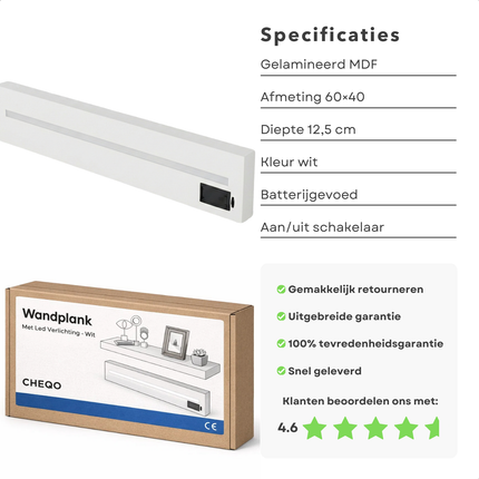 Cheqo® Wandplank met LED Verlichting - Wandplank met Verlichting - Wandplank LED - Wandplank Wit met LED - Witte Wandplank - Wandplank Wit - Wandrek met LED Verlichting - Wandrek met Verlichting - Wandrek Wit