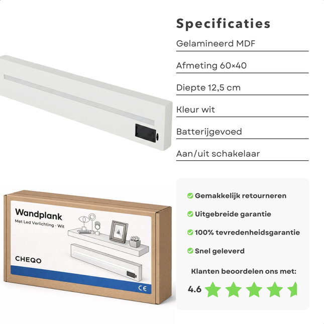 Cheqo® Wandplank met LED Verlichting - Wandplank met Verlichting - Wandplank LED - Wandplank Wit met LED - Witte Wandplank - Wandplank Wit - Wandrek met LED Verlichting - Wandrek met Verlichting - Wandrek Wit