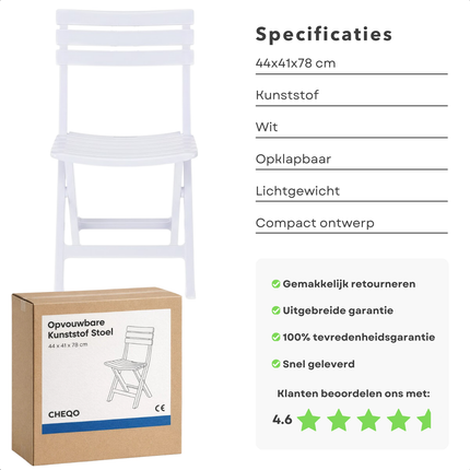 Cheqo® Opvouwbare Tuinstoel - Tuinstoel Opvouwbaar - Klapstoel Tuin - Kunststof Tuinstoel Opvouwbaar - Witte Opvouwbare Tuinstoel - Balkonstoel Opvouwbaar - Bistrostoel Opvouwbaar - Campingstoel Wit