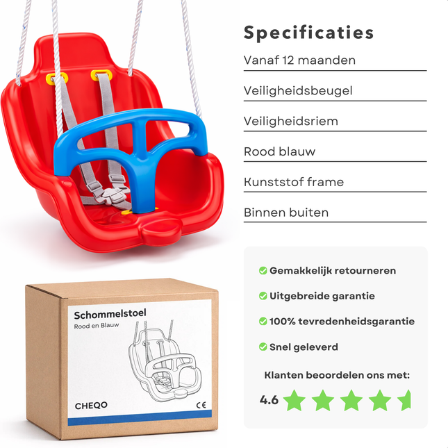 Cheqo® Schommelstoel Kinderen - Schommelstoel Baby - Schommelstoel Vanaf 12 Maanden - Schommelstoel Met Riem - Schommelstoel Met Veiligheidsbeugel - Schommelstoel Rood Blauw