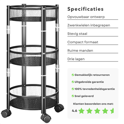 Cheqo® Keukentrolley op Wieltjes - Serveerwagen - Keukenrek - Keuken Trolley - Keukenorganizer - Zwart - Verrijdbaar 3-Laags Opbergrek - Staal - Opvouwbaar