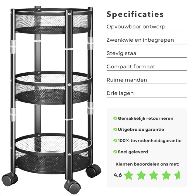 Cheqo® Keukentrolley op Wieltjes - Serveerwagen - Keukenrek - Keuken Trolley - Keukenorganizer - Zwart - Verrijdbaar 3-Laags Opbergrek - Staal - Opvouwbaar