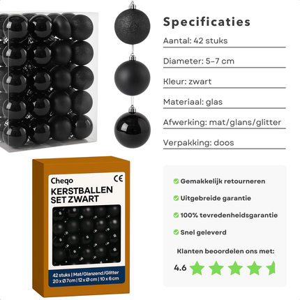 Cheqo® Kerstballen Set - 42 Stuks - Zwarte Kerstballen - Glazen Kerstballen - Moderne Kerstdecoratie - Matte Kerstballen - Glimmende Kerstballen - Glitter Kerstballen - Kerstboom Decoratie - Kerstballen Zwart