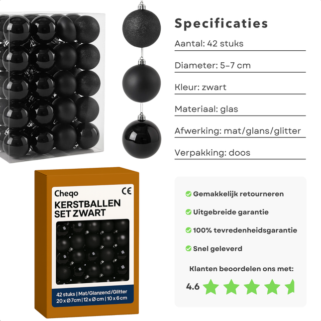 Cheqo® Kerstballen Set - 42 Stuks - Zwarte Kerstballen - Glazen Kerstballen - Moderne Kerstdecoratie - Matte Kerstballen - Glimmende Kerstballen - Glitter Kerstballen - Kerstboom Decoratie - Kerstballen Zwart
