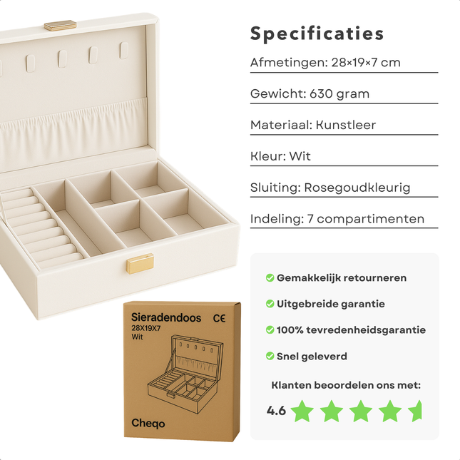 Cheqo® Sieradendoos Kunstleer - Bijouteriedoos - Sieradenkoffer - Juwelendoos - Sieraden Organizer - Wit - Sieraden Doos - Sieradendoosje Met Kettinghaakjes en Ringklemmen