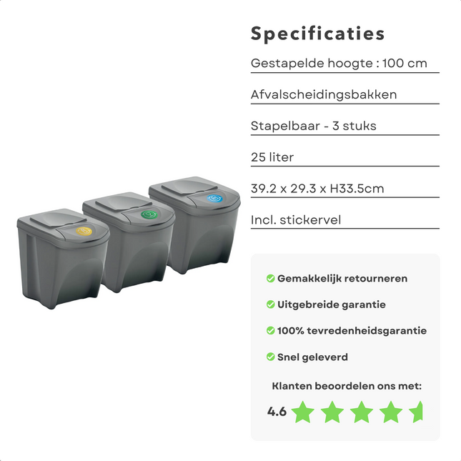 Cheqo® Stapelbare Afvalscheidingsbakken - Set van 3 - Prullenbakken - 75 liter - Stapelbaar - Stickervel - Afvalbak - Afvalscheiden - 3 Vakken - Recycle Afvalbak - Milieubewust afvalscheidingprullenbakken