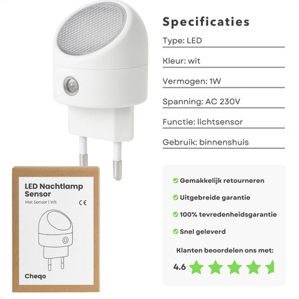 Cheqo® LED Nachtlamp - Nachtlamp Met Sensor - Stopcontact Nachtlamp - Bewegingssensor - Energiezuinig - Automatische Verlichting - Kinderkamer Nachtlamp - Slaapkamer Verlichting - Sensor Verlichting - Plug-In Nachtlamp - Nachtverlichting