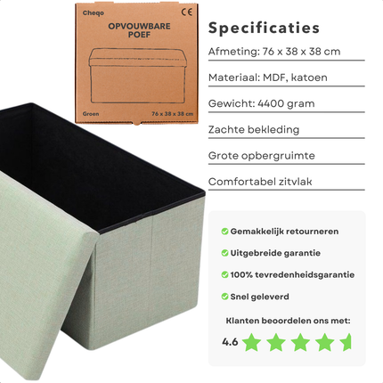 Cheqo® Opvouwbare Poef Met Opbergruimte - Groen - Grote Opbergbox - Organizer - Voetenbankje - Hocker - MDF en Katoen