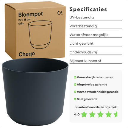 Cheqo® Bloempot Grijs - Grijze Plantenpot - Plantenbak - Kunststof 20x18 cm - Voor Binnen en Buiten - Ideaal voor Balkon