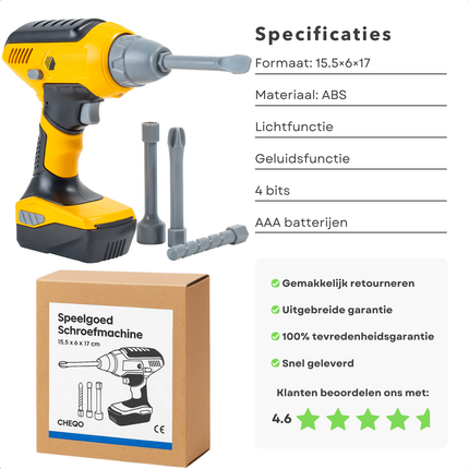 Cheqo® Speelgoed Schroefmachine - Schroefmachine Met Licht - Schroefmachine Met Geluid - ABS Materiaal - Werkt Op Batterijen - Met 4 Bits - Kindergereedschap - Doe-Het-Zelf Speelgoed - Educatief Speelgoed