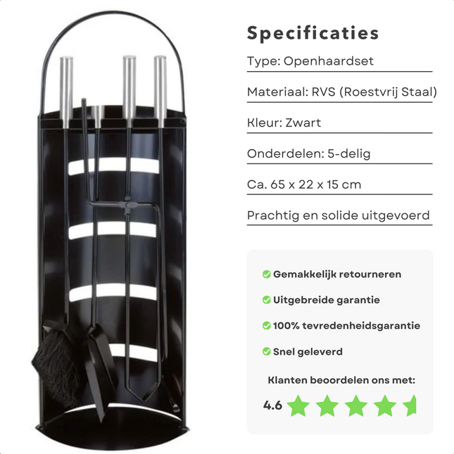 Cheqo® Luxe 5-delige Openhaardset - Zwarte RVS Accessoires - 65 x 22 x 15 cm - Voor de Kachel - Openhaard - RVS - Haardset - Gereedschap - Open Haard Set - Hittebestendig - Veilig en Sterk - Stijlvol Design Kachel accessoires