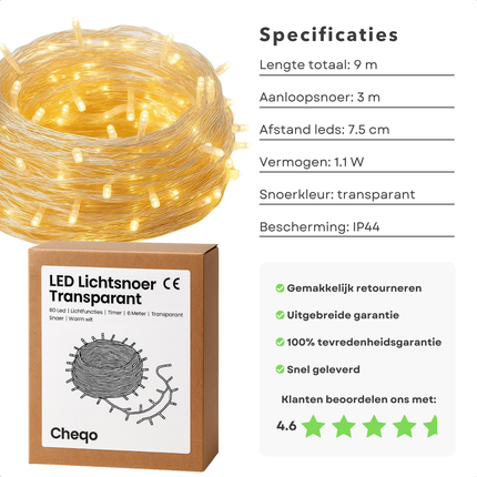 Cheqo® LED Verlichting - 80 LED Lampjes - Warm Wit - Lichtfuncties - Timer Functie - Kerstboomverlichting Transparant Snoer - Binnen En Buiten - IP44 Adapter - Kerstverlichting - Lichtslinger - Sfeerverlichting - Kerstlampjes