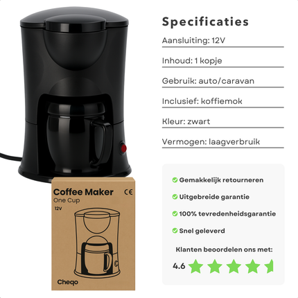 Cheqo® Koffiezetapparaat voor Auto 12V - Draagbare Koffiemachine met Autostekker – Reiskoffiezetapparaat voor Kamperen, Caravan & Vakantie – Compacte Elektrische Koffiezetter – Koffie Onderweg – Espressomachine 12V