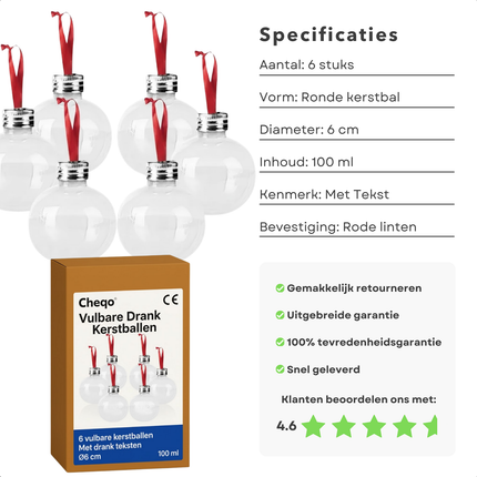 Cheqo® Vulbare Kerstballen - Shotglaasjes Kerst - Drankballen Shotglaasjes - Borrelballen - Kerstversiering - Kerst Decoratie - Party Kerstdecoratie - 100 ml Inhoud - Shotjesballen - Kerstcadeau - Feestelijke Kerstballen