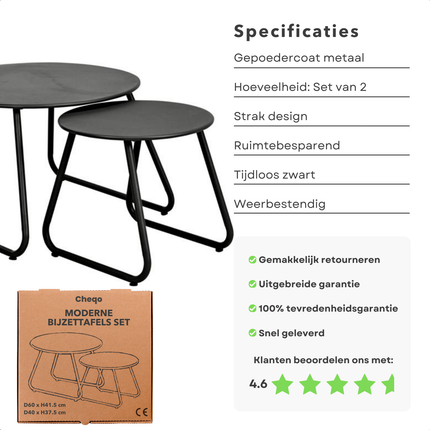Cheqo® Moderne Bijzettafels - Bijzettafel Set van 2 - Bedtafeltje - Nachtkastje - Bijzettafel Bank - Zwart Metaal - Voor Woonkamer - Gepoedercoat
