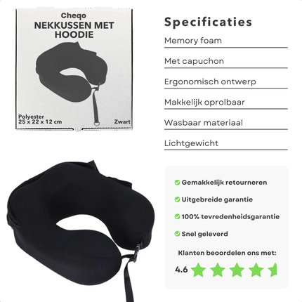 Cheqo® Luxe Nekkussen Vliegtuig en Auto met Capuchon - Reiskussen met Capuchon - Ergonomisch en Wasbaar