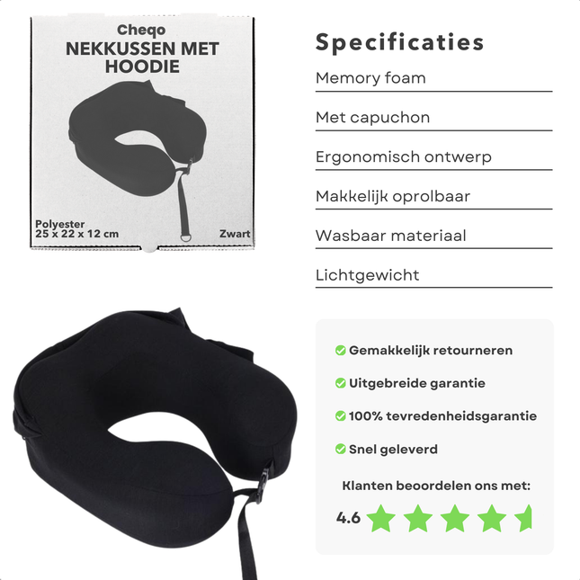 Cheqo® Luxe Nekkussen Vliegtuig en Auto met Capuchon - Reiskussen met Capuchon - Ergonomisch en Wasbaar