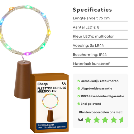 Cheqo® LED Kurk Flessenverlichting - Multicolor LED Lampjes - Lichtsnoer Op Batterijen - Decoratieve Flesverlichting - IP44 - Kurk Met Lichtsnoer - Sfeerverlichting Voor Flessen - Feestverlichting LED - 8 LED Lampjes